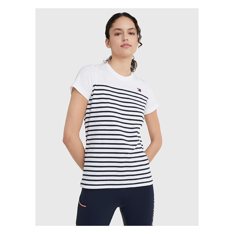 TOMMY EQUESTRIAN ROUND NECK T-SHIRT PARTIALLY STRIPED STYLE TH OPTIC WHITE